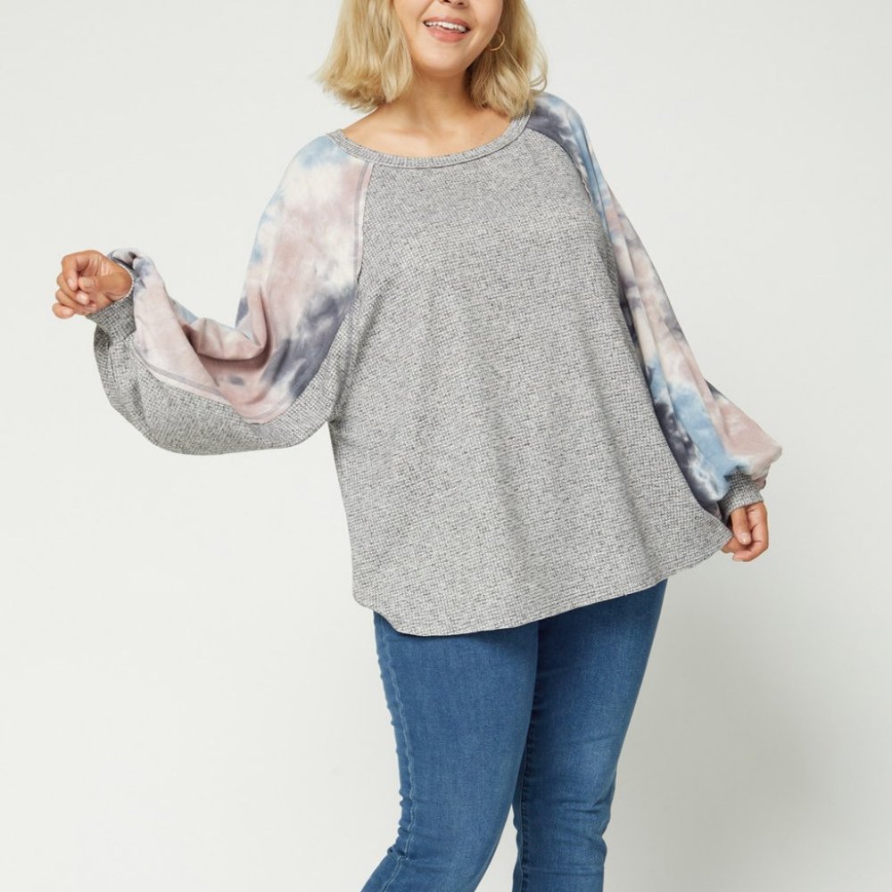 NWT Entro Charcoal Tie Dye Puffy Sleeve Top Plus